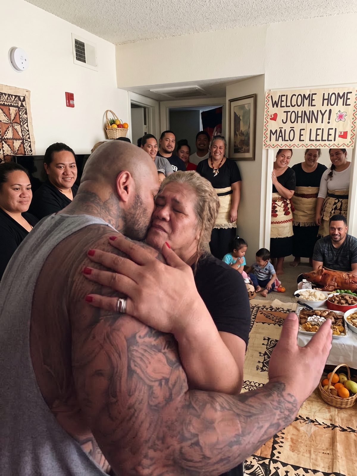 Johnny Toa Moa embracing his mother beneath a Welcome Home Johnny — Mālō e Lelei banner